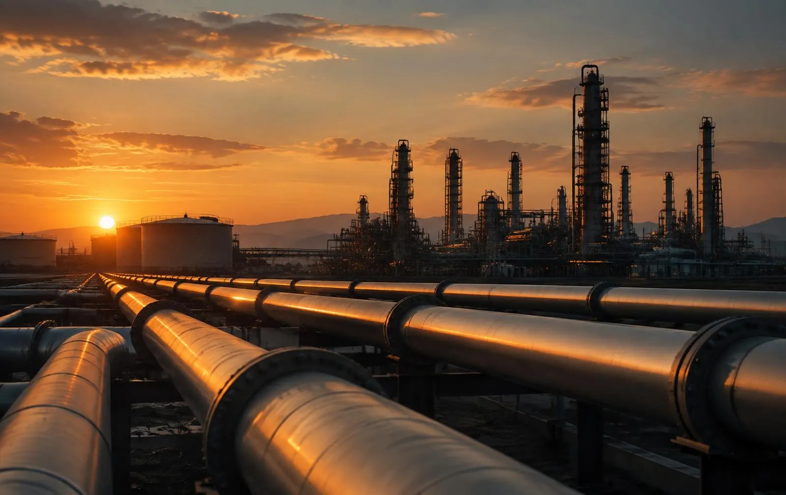 Dutos e torres de uma instalação industrial ao entardecer.